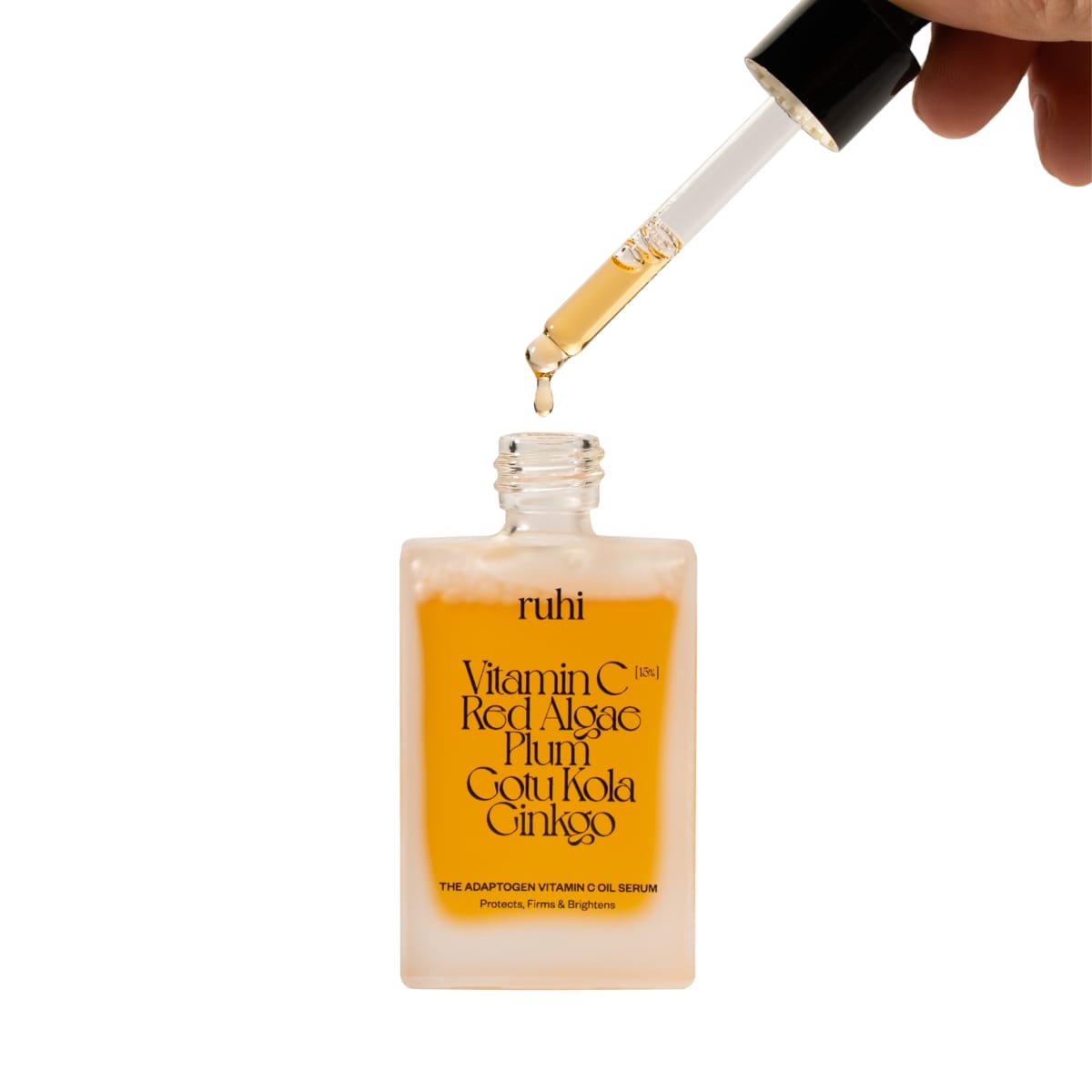 ruhiAdaptogen_VitaminC_Oil_Serum_30ml_Freisteller_Bottle_and_Oildrop