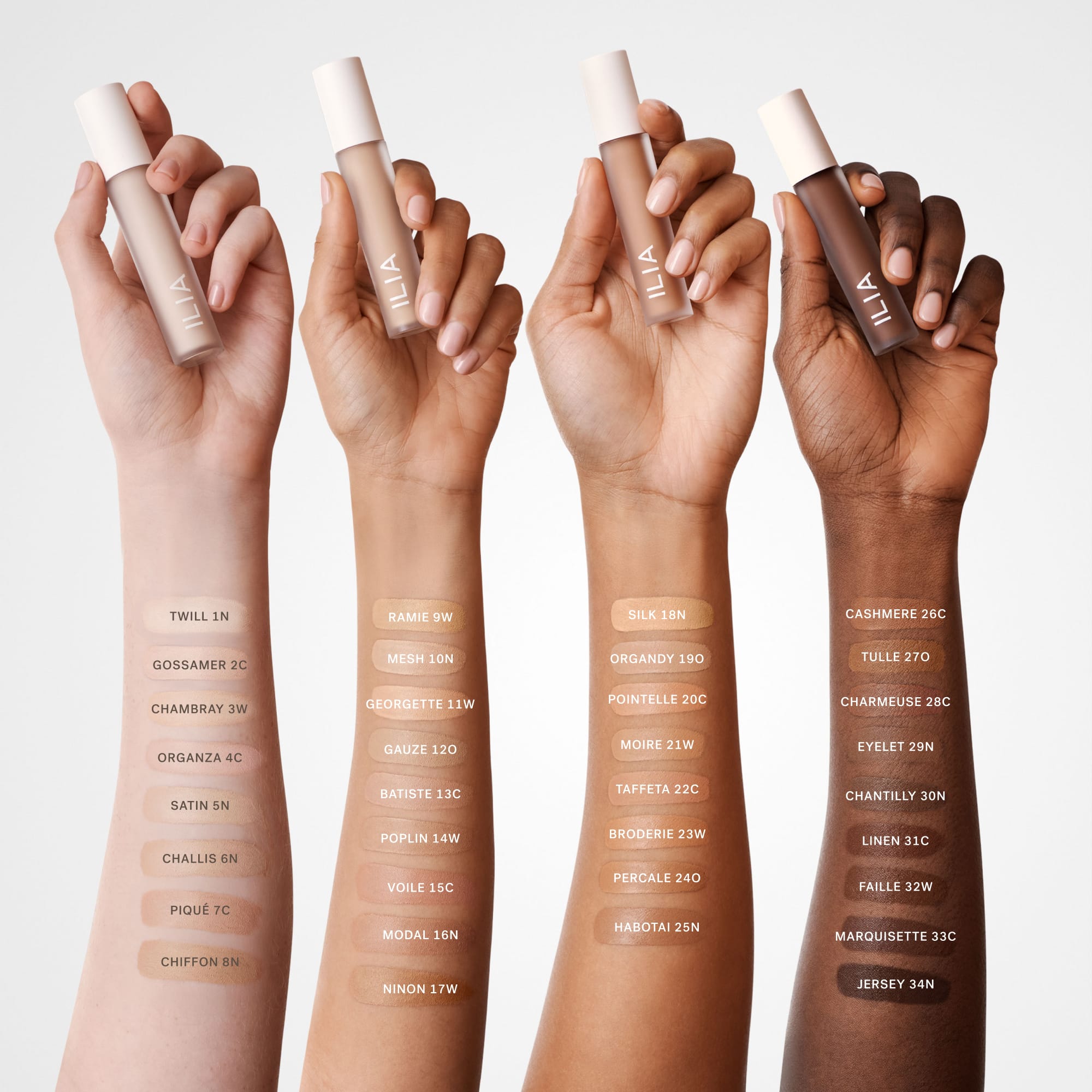 ILIA_Overglaze_Hydrating_Lip_Gloss_2026_Arm_Swatches_2000x2000 ILIA_SKIN BLUR HYDRATING SERUM CONCEALER Arm Swatches